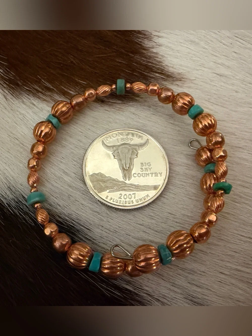 ❤️ Native American Artisan Heishi Turquoise Beads & Copper Pearls Adj Bracelet